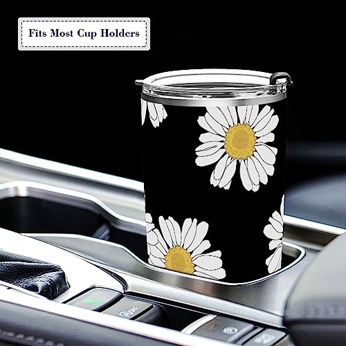 Kigai Stainless Steel Water Bottles Tumbler with Lids & Straws Vacuum Insulated Leak Proof Travel coffee Mug BPA FREE Smoothie Cup 12 OZ, Black White Daisy