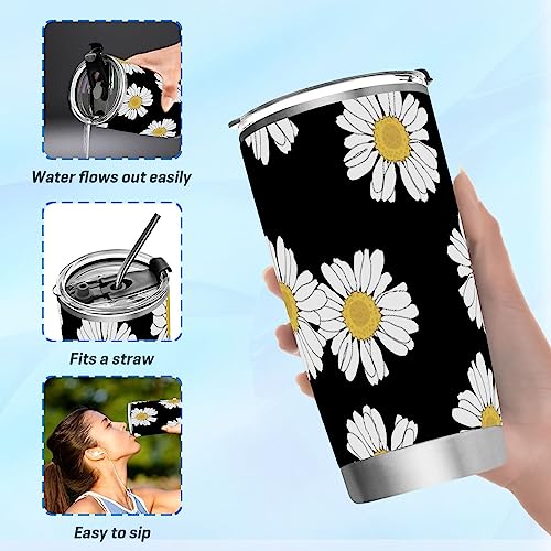 Kigai Stainless Steel Water Bottles Tumbler with Lids & Straws Vacuum Insulated Leak Proof Travel coffee Mug BPA FREE Smoothie Cup 12 OZ, Black White Daisy