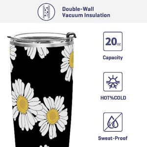 Kigai Stainless Steel Water Bottles Tumbler with Lids & Straws Vacuum Insulated Leak Proof Travel coffee Mug BPA FREE Smoothie Cup 12 OZ, Black White Daisy