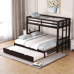 extendable bunk bed with trundle, twin over double twin bunk bed frame, upgraded version wooden bunk bed with trundle, pull-out bunk bed frame can be extendable, no spring box needed, espresso