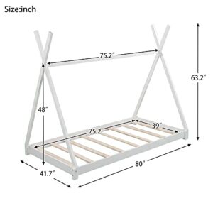 FIQHOME Twin Size House Platform Bed with Triangle tructure, Kids Floor Bed House Bed Solid Wood Frame, Wooden Slat Support, for Boys & Girls,No Box Spring Needed,White