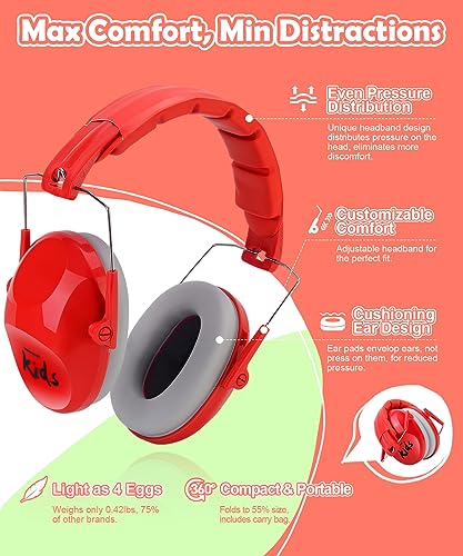 PROHEAR 032 2.0 Noise Cancelling Headphones for Kids - 25dB Noise Reduction - Adjustable Sensory Ear Protection Muffs for Concert, Fireworks, Monster Truck Shows, School - Red