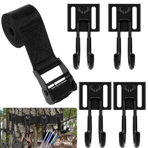whumsdog bow hanger for tree stand, treestand strap hunting gear hanger, bow hunting tree stand accessories holder with 4 metal hooks for gears bow quiver backpack tree saddle