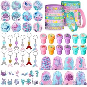 sasylvia 110 pcs mermaid party supplies favors include mermaid silicone bracelets button pins mermaid drawstring bags stamps keychains stickers for kids girls mermaid theme birthday party supplies