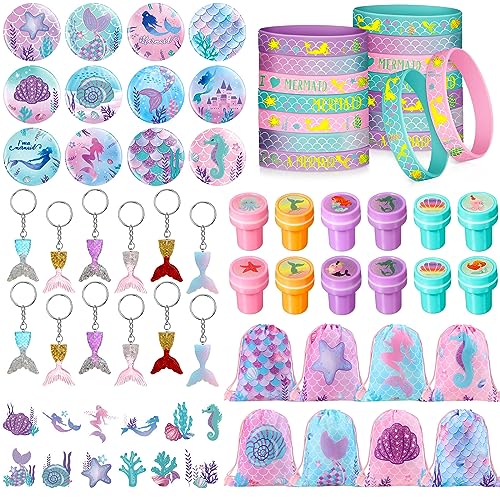 Sasylvia 110 Pcs Mermaid Party Supplies Favors Include Mermaid Silicone Bracelets Button Pins Mermaid Drawstring Bags Stamps Keychains Stickers for Kids Girls Mermaid Theme Birthday Party Supplies