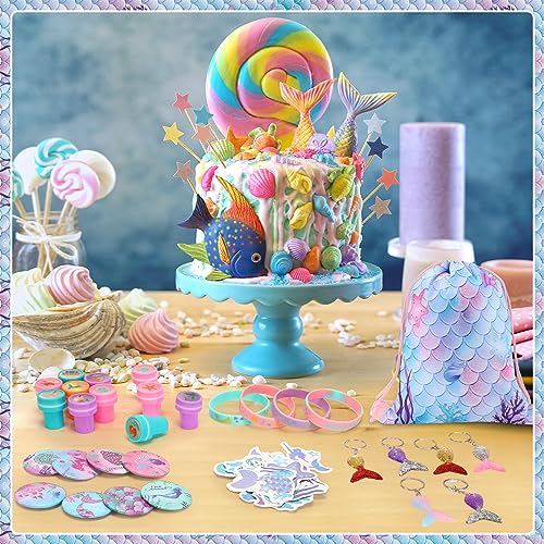 Sasylvia 110 Pcs Mermaid Party Supplies Favors Include Mermaid Silicone Bracelets Button Pins Mermaid Drawstring Bags Stamps Keychains Stickers for Kids Girls Mermaid Theme Birthday Party Supplies