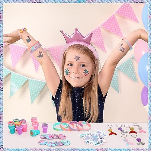 Sasylvia 110 Pcs Mermaid Party Supplies Favors Include Mermaid Silicone Bracelets Button Pins Mermaid Drawstring Bags Stamps Keychains Stickers for Kids Girls Mermaid Theme Birthday Party Supplies