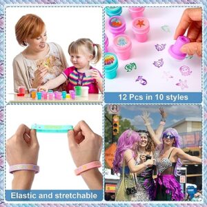 Sasylvia 110 Pcs Mermaid Party Supplies Favors Include Mermaid Silicone Bracelets Button Pins Mermaid Drawstring Bags Stamps Keychains Stickers for Kids Girls Mermaid Theme Birthday Party Supplies