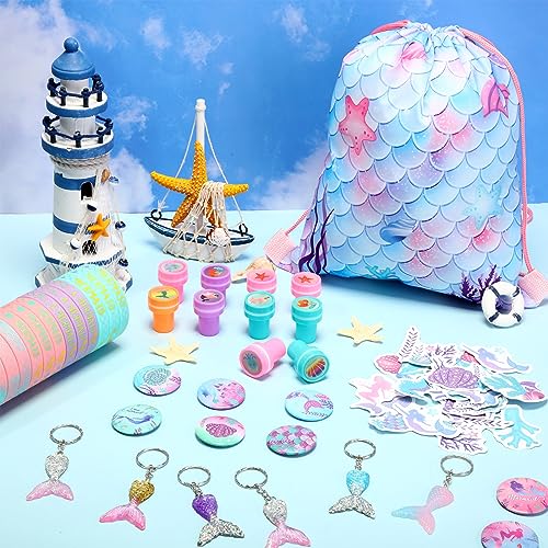 Sasylvia 110 Pcs Mermaid Party Supplies Favors Include Mermaid Silicone Bracelets Button Pins Mermaid Drawstring Bags Stamps Keychains Stickers for Kids Girls Mermaid Theme Birthday Party Supplies