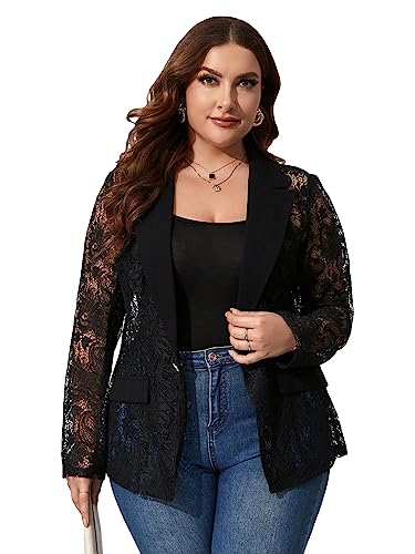 WDIRARA Women's Plus Size Contrast Lace Button Front Lapel Neck Long Sleeve Elegant Blazer Black 1XL