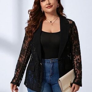 WDIRARA Women's Plus Size Contrast Lace Button Front Lapel Neck Long Sleeve Elegant Blazer Black 1XL