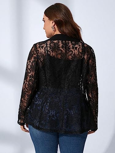 WDIRARA Women's Plus Size Contrast Lace Button Front Lapel Neck Long Sleeve Elegant Blazer Black 1XL