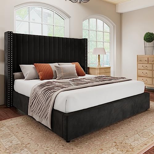 Jocisland King Bed Frame Lift Up Storage Bed, Velvet King Upholstered Bed Frame/Channel Tufted Wingback Headborad/No Box Spring Needed/Black