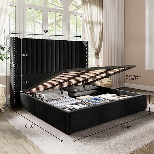 Jocisland King Bed Frame Lift Up Storage Bed, Velvet King Upholstered Bed Frame/Channel Tufted Wingback Headborad/No Box Spring Needed/Black