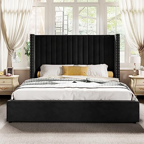 Jocisland King Bed Frame Lift Up Storage Bed, Velvet King Upholstered Bed Frame/Channel Tufted Wingback Headborad/No Box Spring Needed/Black