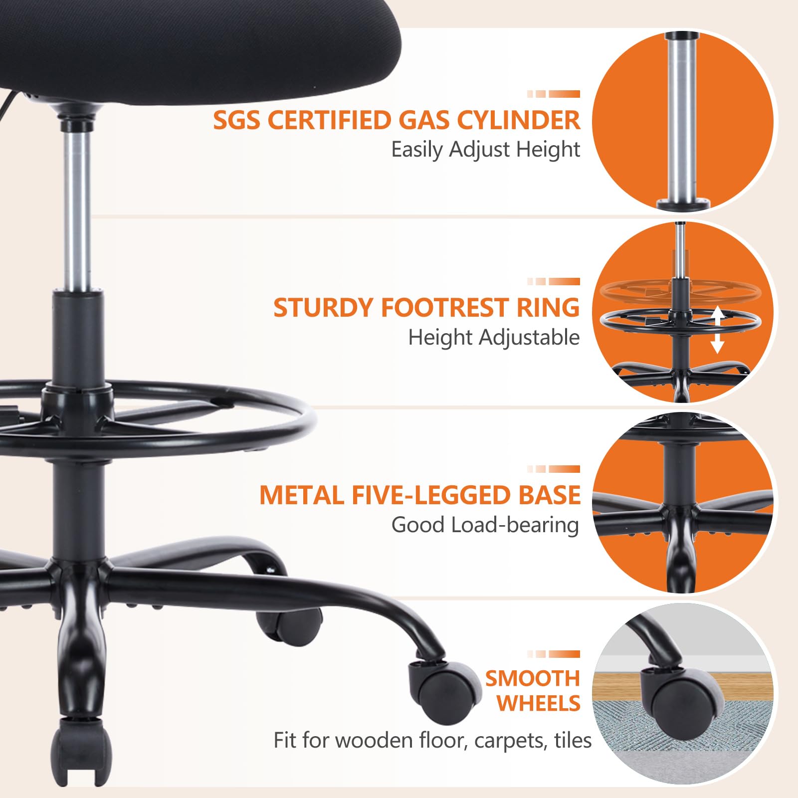 Drafting Chair Tall Office Chair Standing Desk Chair with Thicker Seat, Tall Desk Chair Ergonomic High Office Chair with Adjustable Foot-Ring, Counter Height Office Chairs for Bar Height Desk