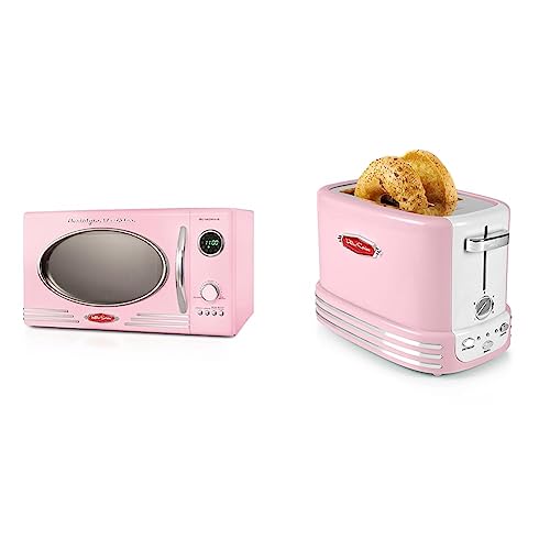 Nostalgia Retro Countertop Microwave Oven - Large 800-Watt - 0.9 cu ft - 12 Pre-Programmed Cooking Settings - Digital Clock - Kitchen Appliances - Pink & Retro Wide 2-Slice Toaster, Vintage Design