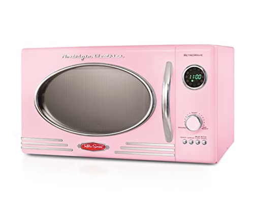 Nostalgia Retro Countertop Microwave Oven - Large 800-Watt - 0.9 cu ft - 12 Pre-Programmed Cooking Settings - Digital Clock - Kitchen Appliances - Pink & Retro Wide 2-Slice Toaster, Vintage Design