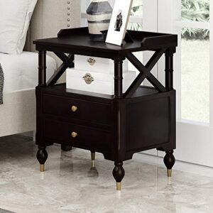 modern nightstand with 2 drawers and gold metal handles,bedside table with solid wood frame and open storage for living room bedroom,easy assembly (black-06, 23.6''l)