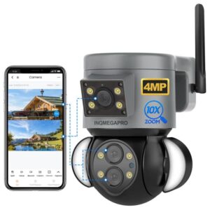 4mp security camera outdoor, 10x optical zoom,dual-lens wifi wireless camera,360° pan/tilt/zoom security camera system with motion tracking, two-way talk,siren alarm, color night vision,dual screen
