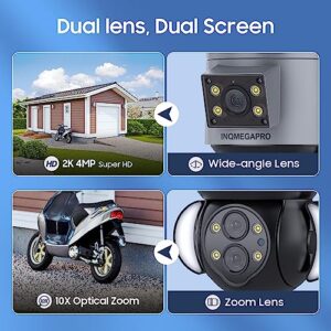 4MP Security Camera Outdoor, 10X Optical Zoom,Dual-Lens Wifi Wireless Camera,360° Pan/Tilt/Zoom Security Camera System with Motion Tracking, Two-Way Talk,Siren Alarm, Color Night Vision,Dual Screen