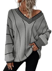 alvaq women sweaters winter fall fashion color block striped sweaters casual long sleeve v neck pullover knit jumper tops gray medium
