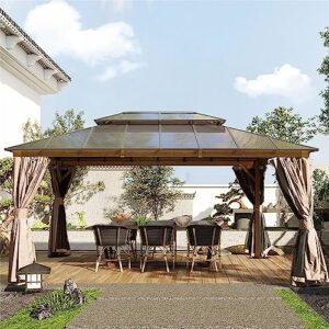 goohome 12 x 16ft hardtop gazebo, aluminum frame double roof gazebo with mosquito net and curtains, outdoor permanent hard top waterproof pergola for shade and rain for lawn, backyard, deck, poolsides