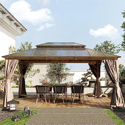 Goohome 12 x 16FT Hardtop Gazebo, Aluminum Frame Double Roof Gazebo with Mosquito Net and Curtains, Outdoor Permanent Hard Top Waterproof Pergola for Shade and Rain for Lawn, Backyard, Deck, Poolsides