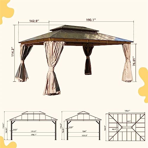 Goohome 12 x 16FT Hardtop Gazebo, Aluminum Frame Double Roof Gazebo with Mosquito Net and Curtains, Outdoor Permanent Hard Top Waterproof Pergola for Shade and Rain for Lawn, Backyard, Deck, Poolsides