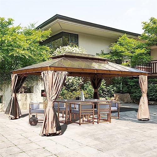 Goohome 12 x 16FT Hardtop Gazebo, Aluminum Frame Double Roof Gazebo with Mosquito Net and Curtains, Outdoor Permanent Hard Top Waterproof Pergola for Shade and Rain for Lawn, Backyard, Deck, Poolsides