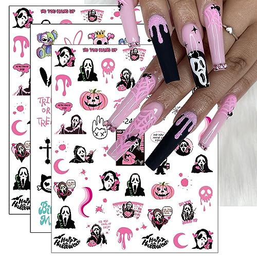 JMEOWIO 9 Sheets Halloween Nail Art Stickers Decals Self-Adhesive Pegatinas Uñas Pink Ghost Pumpkin Spider Web Cute Nail Supplies Nail Art Design Decoration Accessories