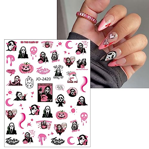 JMEOWIO 9 Sheets Halloween Nail Art Stickers Decals Self-Adhesive Pegatinas Uñas Pink Ghost Pumpkin Spider Web Cute Nail Supplies Nail Art Design Decoration Accessories