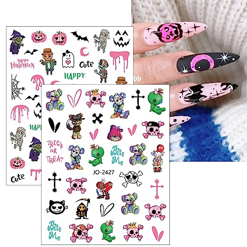 JMEOWIO 9 Sheets Halloween Nail Art Stickers Decals Self-Adhesive Pegatinas Uñas Pink Ghost Pumpkin Spider Web Cute Nail Supplies Nail Art Design Decoration Accessories