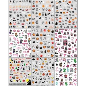 JMEOWIO 9 Sheets Halloween Nail Art Stickers Decals Self-Adhesive Pegatinas Uñas Pink Ghost Pumpkin Spider Web Cute Nail Supplies Nail Art Design Decoration Accessories