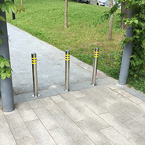 CAIMIAO 2X Stainless Steel Parking Bollard Road Pile and 3M Chain,Anti-Collision Bollard Post with Hangings and Reflective Tape,Easy Install Dedicated Parking Space Lock