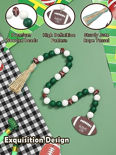 Football Wooden Beads Garland with Touchdown Wooden Tag Jute Rope Plaid Tassels Farmhouse Rustic Decor Tiered Tray Decorations Fall Season Party Home Ornaments