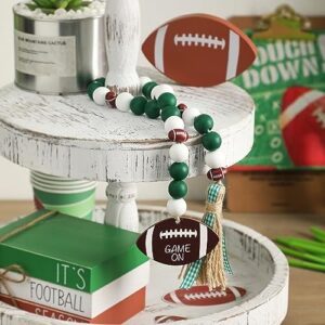 Football Wooden Beads Garland with Touchdown Wooden Tag Jute Rope Plaid Tassels Farmhouse Rustic Decor Tiered Tray Decorations Fall Season Party Home Ornaments