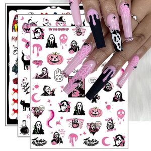 jmeowio 9 sheets halloween nail art stickers decals self-adhesive pegatinas uñas pink skull ghost witchy spider web pumpkin spook nail supplies nail art design decoration accessories