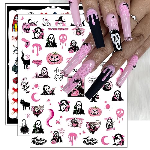 JMEOWIO 9 Sheets Halloween Nail Art Stickers Decals Self-Adhesive Pegatinas Uñas Pink Skull Ghost Witchy Spider Web Pumpkin Spook Nail Supplies Nail Art Design Decoration Accessories