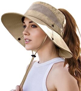 sun hat with high ponytail hole for women, womens uv protection wide brim foldable waterproof beach bucket safari fishing hat khaki