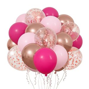 rubfac 65 pcs 12 inches pink balloon arch garland kit, hot pink rose gold chrome balloons for birthday shower princess theme party background decorations