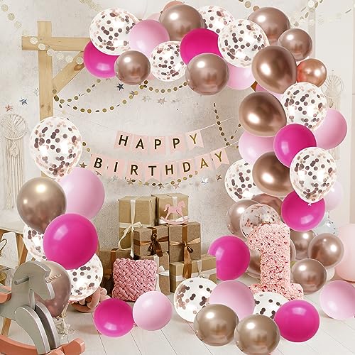 RUBFAC 65 Pcs 12 Inches Pink Balloon Arch Garland Kit, Hot Pink Rose Gold Chrome Balloons for Birthday Shower Princess Theme Party Background Decorations