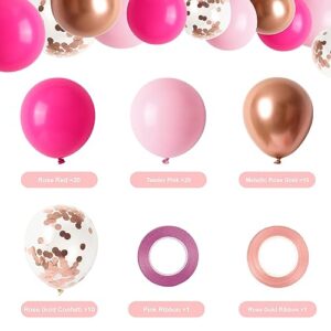 RUBFAC 65 Pcs 12 Inches Pink Balloon Arch Garland Kit, Hot Pink Rose Gold Chrome Balloons for Birthday Shower Princess Theme Party Background Decorations