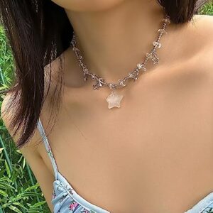 Azusa Sun Transparent Star Charms Pendant Choker Y2K Healing Crystal Necklace Summer Jewelry with Silver Chains for Teen Girls Women