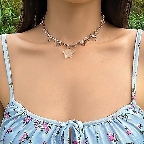 Azusa Sun Transparent Star Charms Pendant Choker Y2K Healing Crystal Necklace Summer Jewelry with Silver Chains for Teen Girls Women