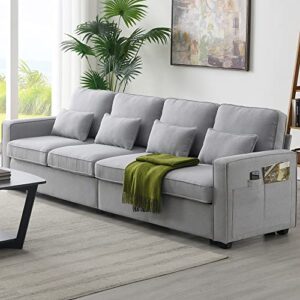 glorhome modern linen fabric sofa with armrest pockets and 4 pillows-minimalist style 4-seater couch for living room, apartment, office-104, light grey