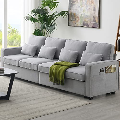 GLORHOME Modern Linen Fabric Sofa with Armrest Pockets and 4 Pillows-Minimalist Style 4-Seater Couch for Living Room, Apartment, Office-104, Light Grey