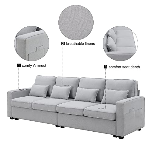 GLORHOME Modern Linen Fabric Sofa with Armrest Pockets and 4 Pillows-Minimalist Style 4-Seater Couch for Living Room, Apartment, Office-104, Light Grey