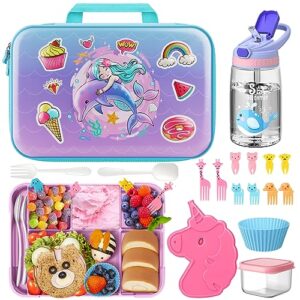 lunch bag bento lunch box set for girls - insulated lunch bag with 5 compartment bento box water bottle ice pack silicon cap salad container for kids back to school, picnic and travel