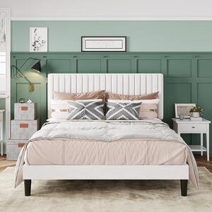 allewie full bed frame, velvet upholstered platform bed with adjustable vertical channel tufted headboard, mattress foundation with strong wooden slats, box spring optional, easy assembly, off-white